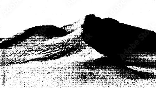 Mountain landscape in black and white. Simple design with graphic texture and abstract patterns, featured in this vector illustration.