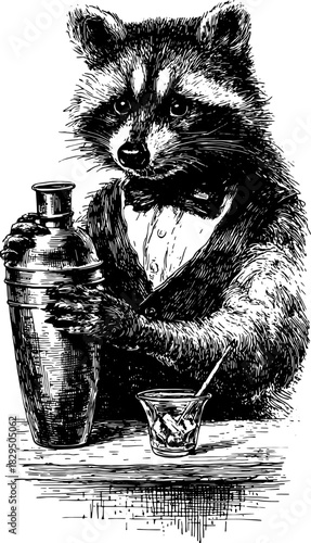 Raccoon dressed in a tuxedo holding a shaker for drinks. Vintage black and white vector illustration of a professional bartender character with a glass of ice.