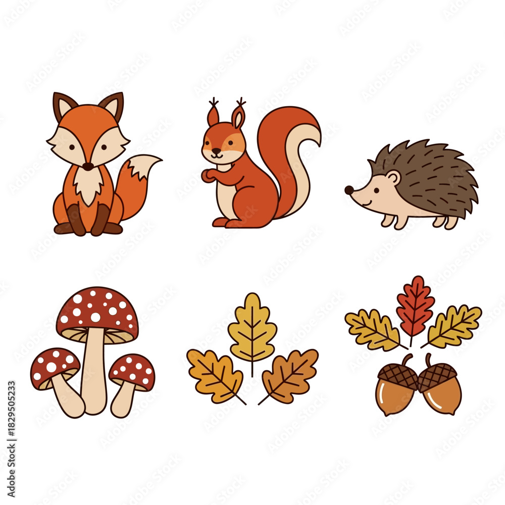 Fototapeta premium Stylized woodland creatures and botanical elements evoke autumnal charm illustration