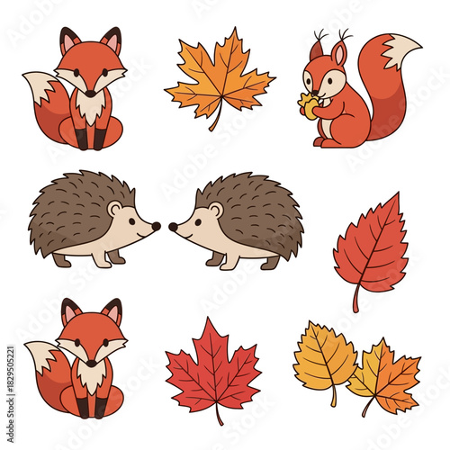 Charming autumn forest creatures and leaf illustration offering whimsical seasonal delight