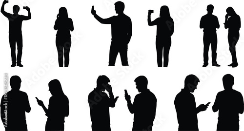 People Taking Selfies and Using Smartphones Silhouette Set, Black Vector Collection of Men and Women Communicating and Interacting with Mobile Devices