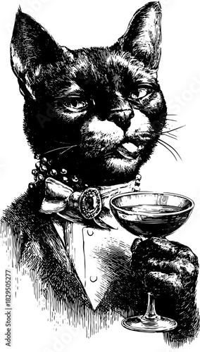 Vintage black cat illustration in a tuxedo, elegantly holding a martini glass. This sophisticated vector illustration portrays a luxury lifestyle.