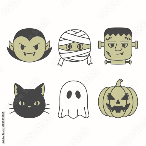 Whimsical halloween character collection of cute cartoon monster face icons, spooky designs vector