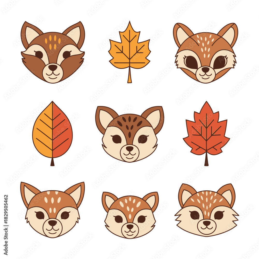 Fototapeta premium Autumnal charm nine whimsical fox faces and colorful leaf icons arrayed symmetrically