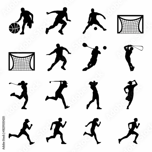 Set of black silhouettes of people playing various sports including basketball, soccer, running, and more