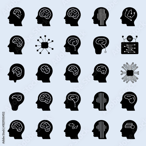 Set of diverse brain icons representing various cognitive functions and mental activities
