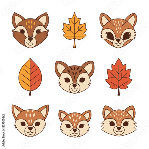 Autumnal charm nine whimsical fox faces and colorful leaf icons arrayed symmetrically
