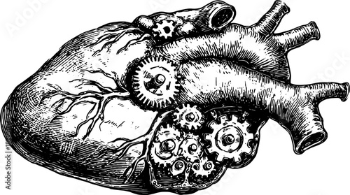 Vintage black and white outline drawing of a heart with mechanical gears. Detailed vector illustration depicting heart anatomy and mechanics.