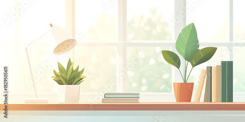 Illustrations of a desk under a window for the start of the school season