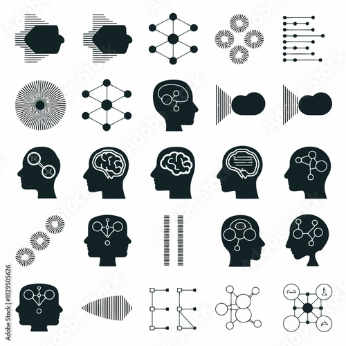 Collection of abstract icons representing human brain, thoughts, and cognitive processes with gears and neural networks
