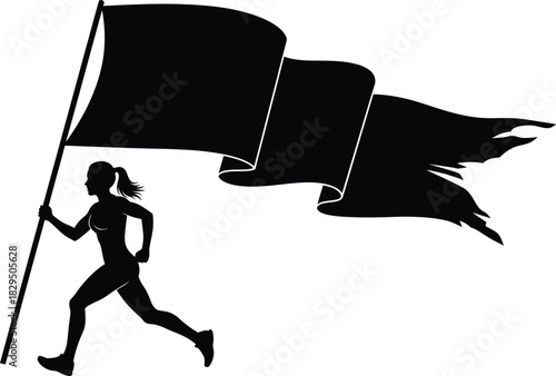 Running woman silhouette holding tattered black flag vector