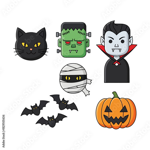 Festive Halloween cartoon character ensemble, including a black cat and pumpkin icon illustrations
