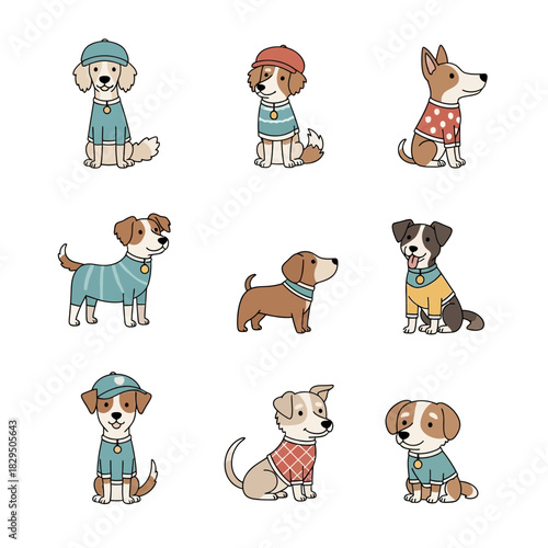Stylized dog characters illustration with varied breeds and canine attire