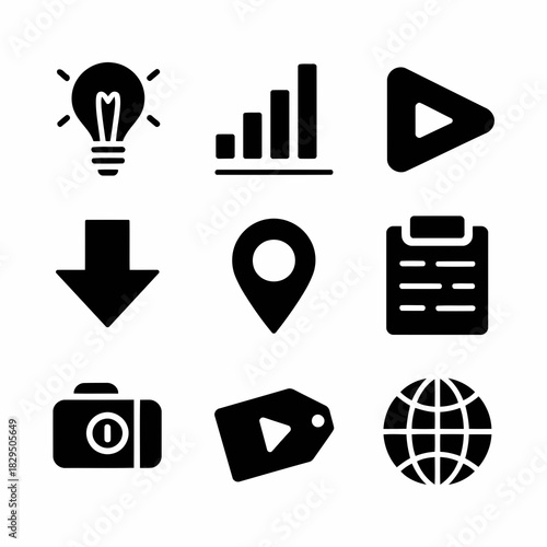 Set of nine black icons representing various concepts like ideas, data, location, documents, camera, play, and global connectivity