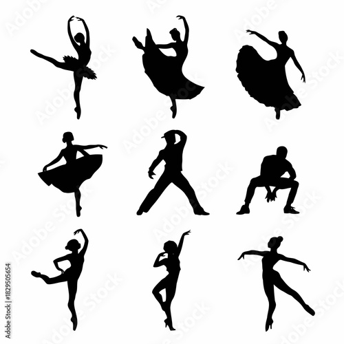 Silhouettes of ballet dancers in various poses and movements, showcasing grace and elegance, isolated on