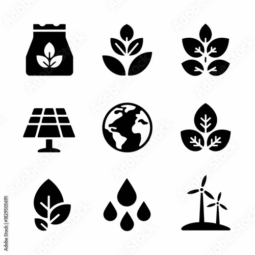 Set of nine black icons representing ecofriendly and renewable energy concepts like solar power, wind energy, and environmental sustainability