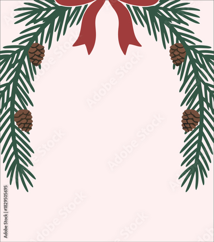 Christmas Pine Branch Garland with Red Ribbon Bow and Pine Cones Holiday Frame Copy Space on Light Pink Background