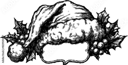 Vector illustration of a Santa hat decorated with holly leaves and cotton. A simple black and white design, suitable for festive graphics.