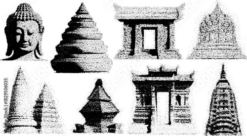 Buddha statues and temple sculptures. Historic architecture and religious designs in detailed vector illustration.