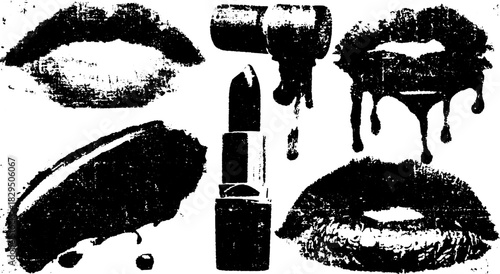 Lips and lipstick in black grunge style. A vector illustration showcasing bold cosmetics design in a minimalist set.