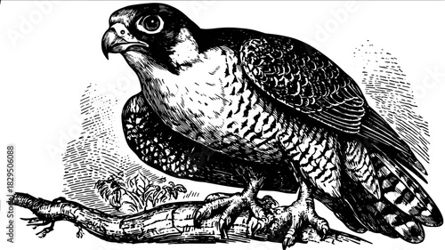 Falcon illustration in vintage black and white outline style. Detailed vector art set showcasing the bird's natural features.
