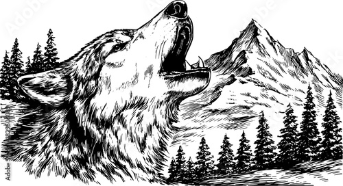 Wolf howling against a mountain backdrop. Black and white vector illustration with detailed outline and scenic forest landscape.