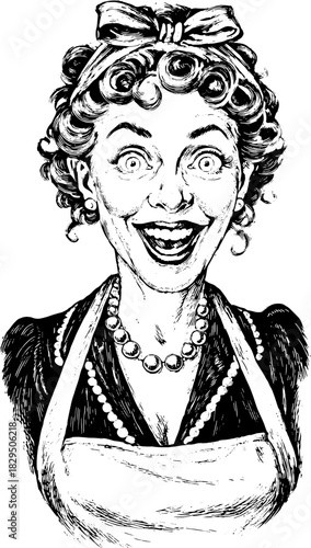 Vintage woman character with a smiling expression. Black and white vector illustration features an apron and bow in a charming retro style.