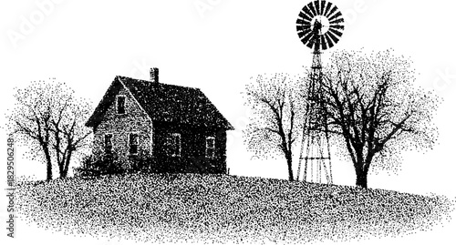 House and windmill silhouette with trees on a hill, shown in black and white. This artwork is a hand-drawn vector illustration set.