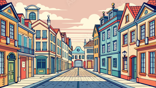 Very beautiful minimalist line-art illustration of charming old streets featuring symmetrical facades, detailed windows, and gentle architectural contours, capturing a clean and elegant historical 