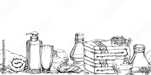 Bath salt bombs, lavender flowers seeds, essential oil shampoo gel bottles, floral soap, towels. Isolated seamless banner illustration hand drawn in vector ink. Provence isolated seamless pattern