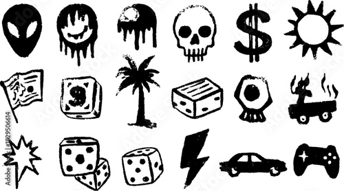 Illustration featuring bold symbols like a skull, dice, and palm in a modern vector style. This graphic set combines playful and urban designs.