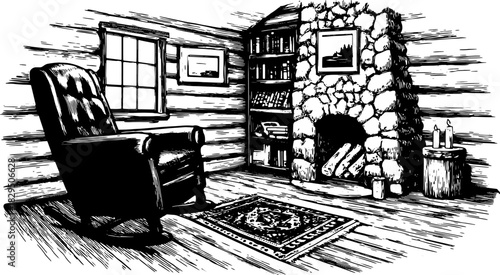 Antique engravings of a cozy cabin interior featuring a fireplace and furniture. A hand-drawn vector illustration with rustic details.