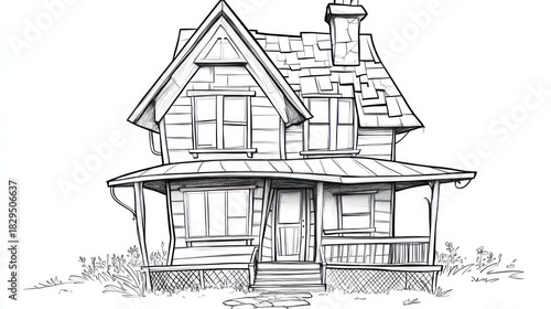 A detailed pencil sketch of an old house with a porch, and chimney with a white background for architectural use
