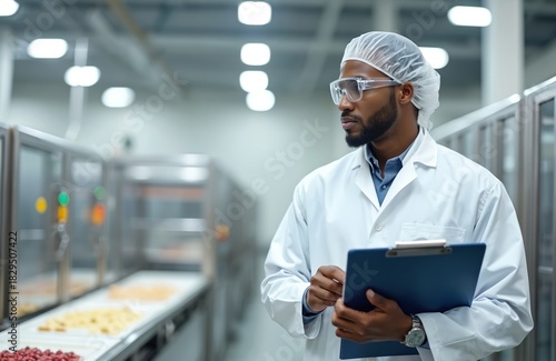 Young man in lab coat oversees food production line. African American quality control expert holding clipboard in factory. Male scientist in white uniform monitors production belt with food products.
