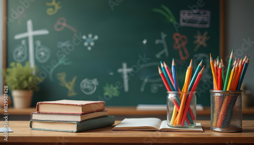 School classroom desk holds stacked books open notepad. Vibrant color pencils in glass jar, metal pot stand on wooden table. Green blackboard shows chalk drawings including cross math art symbols.