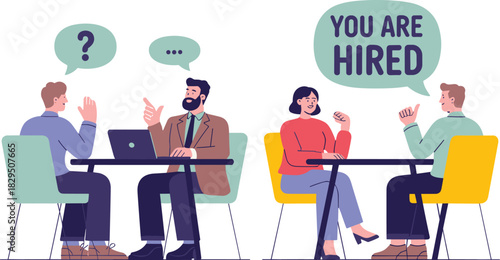 Job Interview and Hiring Success Vector Illustration Set Showing People Discussing and Receiving "You Are Hired" Message in Speech Bubbles.
