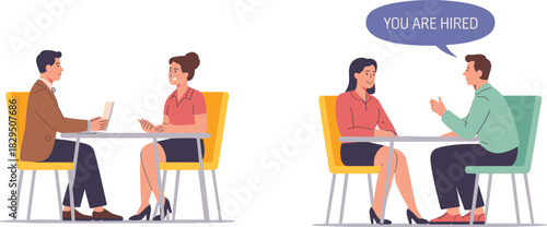 Job Interview and Successful Hiring Vector Illustration Set Showing Manager and Candidate Discussing and Receiving "You Are Hired" Job Offer Message.