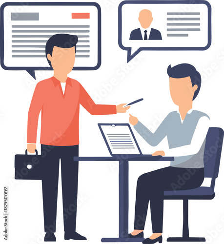 Professional Consulting and Job Interview Vector Illustration Featuring Two Businessmen Discussing Resume and Document with Speech Bubbles and Laptop.