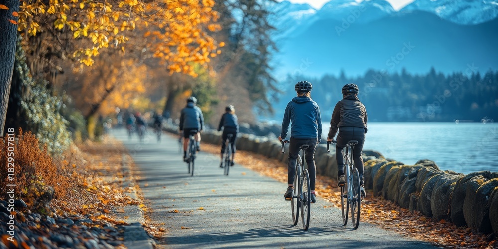 Naklejka premium Cyclists enjoying a scenic autumn ride along stanley park seawall in vancouver
