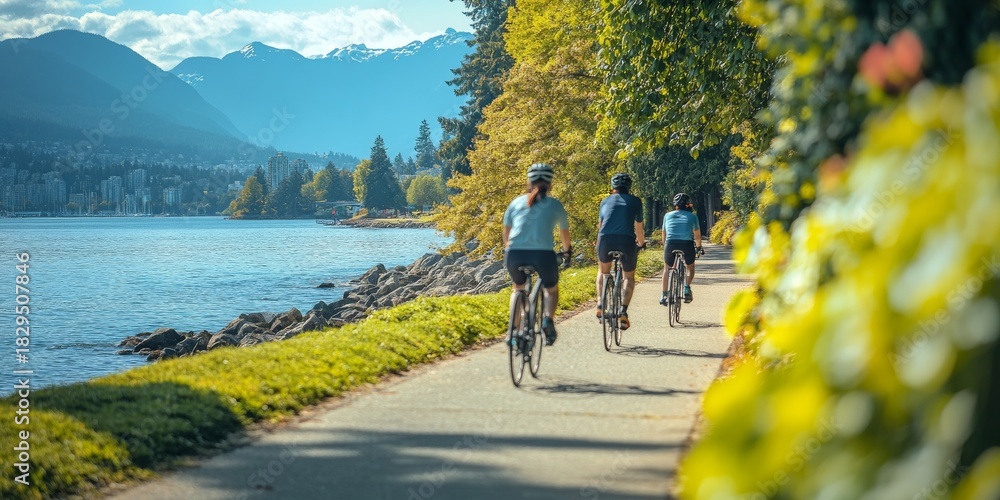 Fototapeta premium Tourists cycling along stanley park seawall in vancouver, british columbia