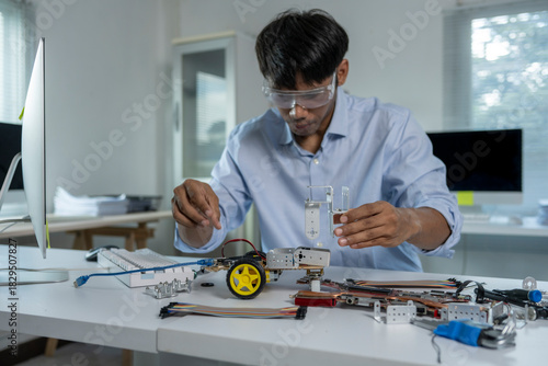 Robotics engineer assembling components of a robot prototype using a computer in the laboratory