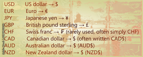 Currencies Set USD, EUR, JPY, CHF, CAD, AUD, NZD