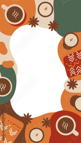 Charming autumnal Greeting Card design featuring steaming coffee mugs and soft candlelight amidst warm, abstract shapes