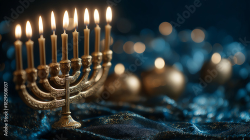 luxury hanukkah menorah with glowing candles in elegant interior setting, ornate metal design reflected on polished surface, festive jewish holiday symbol for celebration decor and seasonal greeting