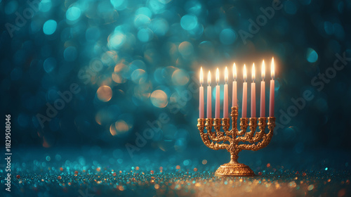 luxury hanukkah menorah with glowing candles in elegant interior setting, ornate metal design reflected on polished surface, festive jewish holiday symbol for celebration decor and seasonal greeting