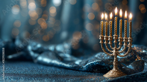 luxury hanukkah menorah with glowing candles in elegant interior setting, ornate metal design reflected on polished surface, festive jewish holiday symbol for celebration decor and seasonal greeting