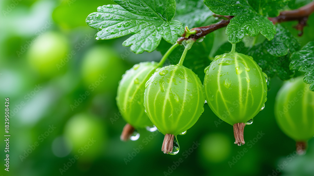 Fototapeta premium close-up of fresh green gooseberries with water droplets on leaves, perfect for organic food blogs, gardening magazines, nature-inspired backgrounds, eco product packaging and herbal health-themed