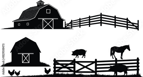 Rustic Farm and Livestock Silhouette Set with Barns, Fences, Horse, Pigs, and Chickens, Black Vector Collection for Agriculture Design