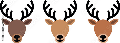 Three Cute Cartoon Reindeer Heads with Antlers in Different Shades on White Background