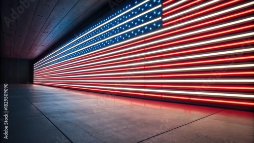A vibrant, illuminated rendition of the American flag, featuring red, white, and blue stripes, creates a striking visual against a modern, minimalistic background.